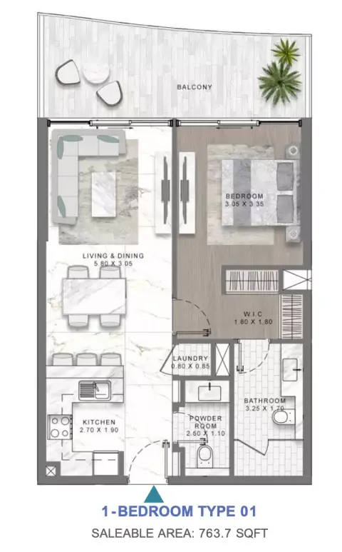 Damac Lagoon Views Andalucia: Floor plan Type 1, 763 sq ft