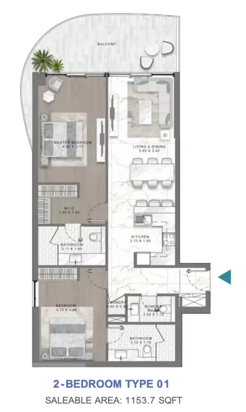 Damac Lagoon Views Andalucia: Floor plan Type 1, 1,153 sq ft
