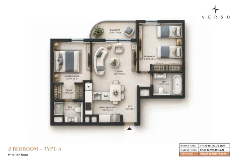 Verso: Планировка Type A, 768 sq ft