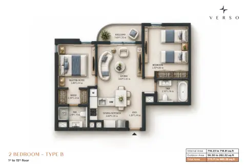 Verso: Планировка Type B, 773 sq ft