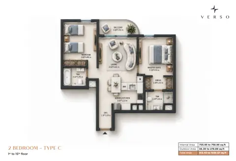 Verso: Планировка Type C, 813 sq ft