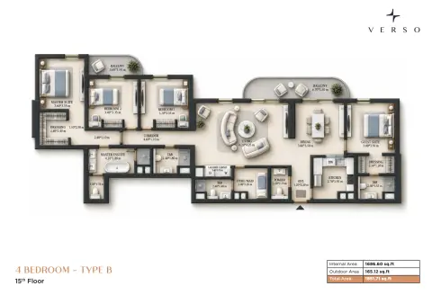 Verso: Планировка Type B, 1,851 sq ft