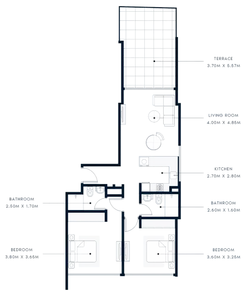 Azizi Riviera Beachfront: Floor plan Type A, 1,128 sq ft