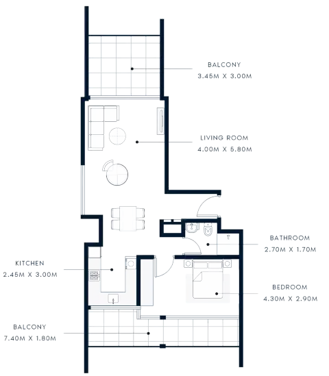 Azizi Riviera Beachfront: Floor plan Type B, 955 sq ft