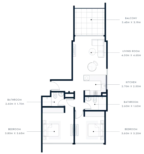 Azizi Riviera Beachfront: Floor plan Type A, 1,006 sq ft