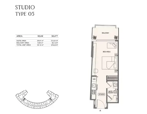 Binghatti Wraith: Floor plan Type 05, 378 sq ft
