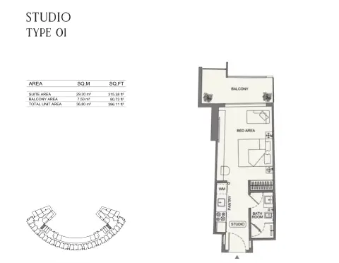 Binghatti Wraith: Floor plan Type 01, 396 sq ft