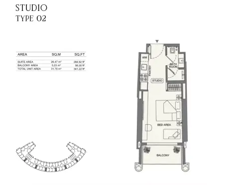 Binghatti Wraith: Floor plan Type 02, 341 sq ft
