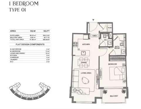 Binghatti Wraith: Floor plan Type 01, 665 sq ft