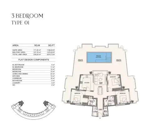 Binghatti Wraith: Floor plan Type 01, 2,574 sq ft
