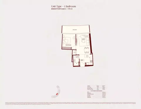 Binghatti Skyflame 2: Floor plan Type 03, 702 sq ft