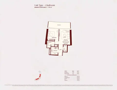 Binghatti Skyflame 2: Floor plan Type 01, 721 sq ft