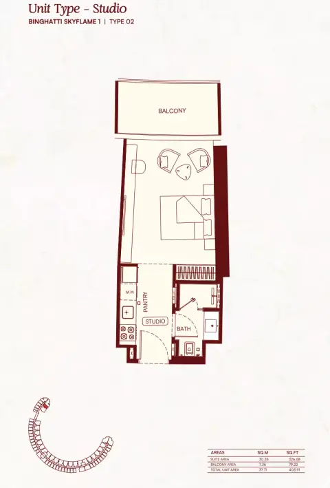 Binghatti Skyflame: Floor plan Type 02, 405 sq ft