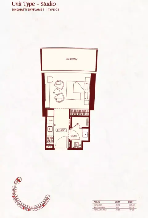 Binghatti Skyflame: Floor plan Type 02, 401 sq ft