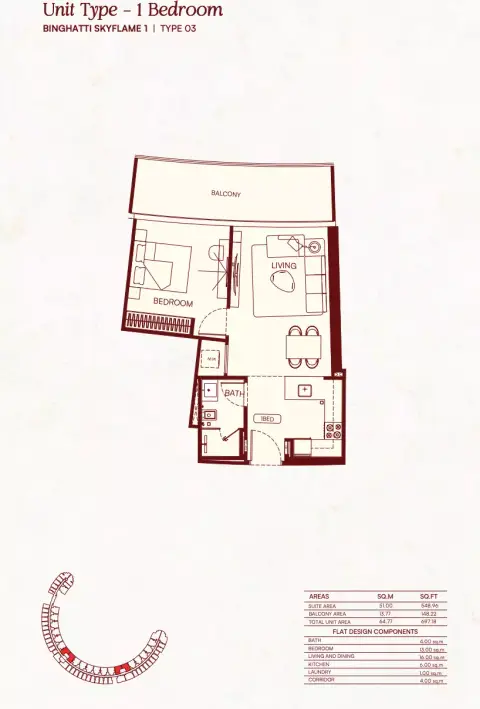 Binghatti Skyflame: Floor plan Type 03, 697 sq ft