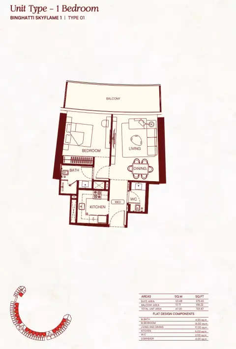 Binghatti Skyflame: Floor plan Type 01, 723 sq ft