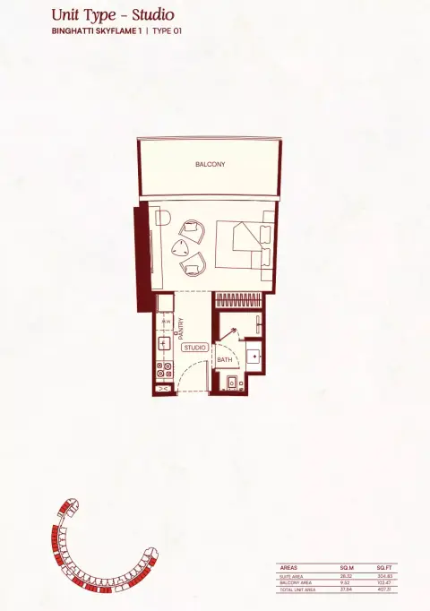 Binghatti Skyflame: Floor plan Type 01, 407 sq ft