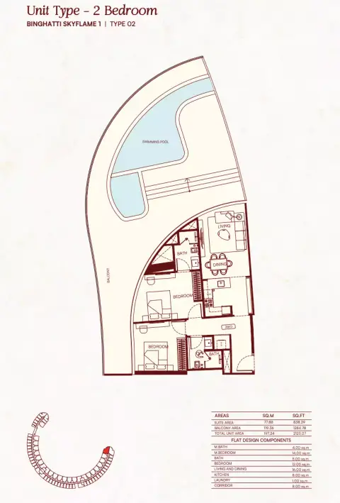 Binghatti Skyflame: Floor plan Type 02, 2,123 sq ft