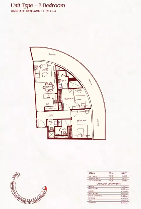Binghatti Skyflame: Floor plan Type 03, 1,256 sq ft
