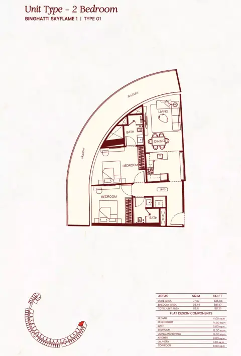 Binghatti Skyflame: Floor plan Type 01, 1,217 sq ft