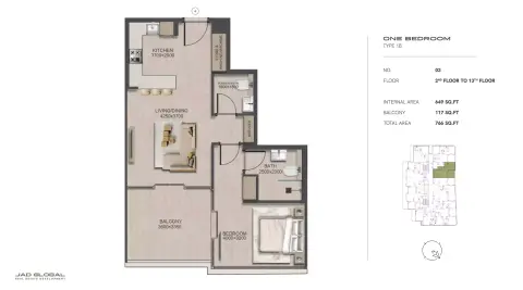 J188: Floor plan Type 1B, 766 sq ft