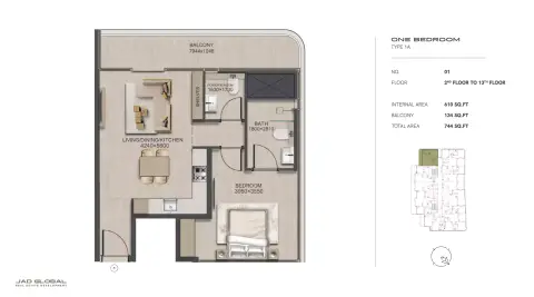 J188: Floor plan Type 1A, 744 sq ft