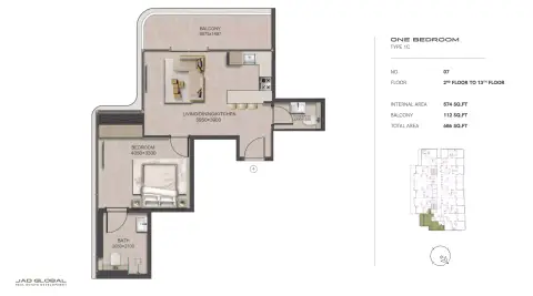 J188: Floor plan Type 1C, 686 sq ft