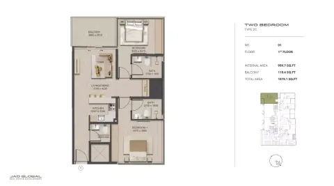 J188: Floor plan Type 2C, 1,075 sq ft