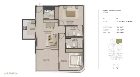 J188: Floor plan Type 2A, 1,064 sq ft