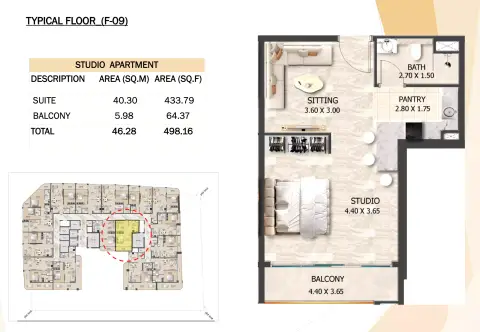 Crystal Tower: Floor plan Type 2, 498 sq ft