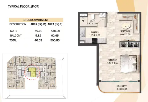 Crystal Tower: Floor plan Type 1, 500 sq ft