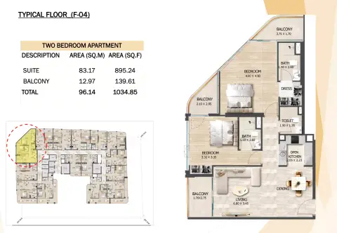 Crystal Tower: Floor plan Type 1, 1,034 sq ft
