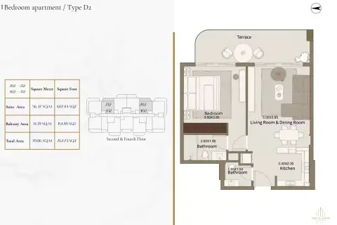 Dar Al Aiham One: Floor plan Type D2, 762 sq ft