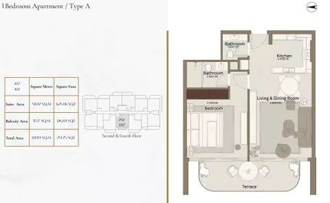 Dar Al Aiham One: Floor plan Type A1, 751 sq ft