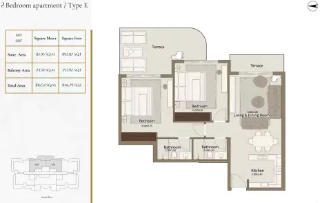 Dar Al Aiham One: Floor plan Type E, 1,146 sq ft