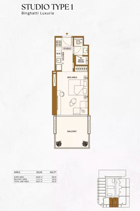 Binghatti Luxuria: Floor plan Type 1, 430 sq ft