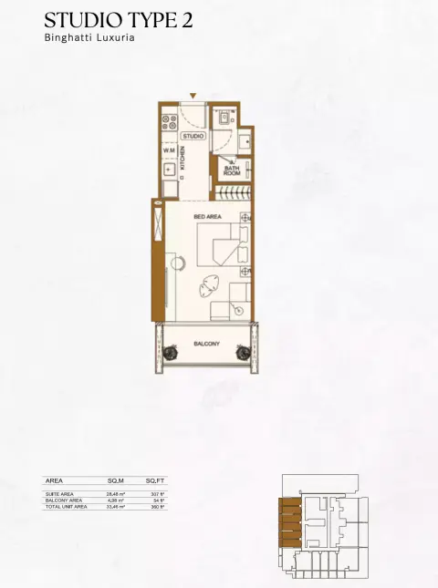 Binghatti Luxuria: Floor plan Type 2, 360 sq ft
