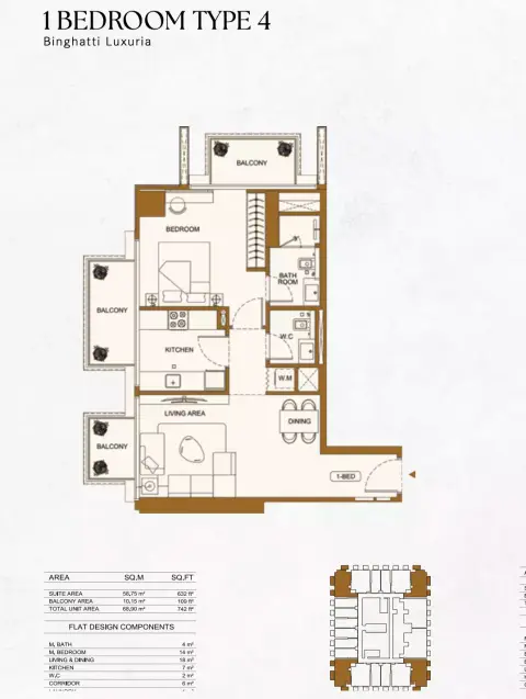 Binghatti Luxuria: Floor plan Type 4, 742 sq ft