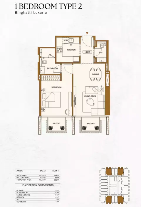 Binghatti Luxuria: Floor plan Type 2, 652 sq ft