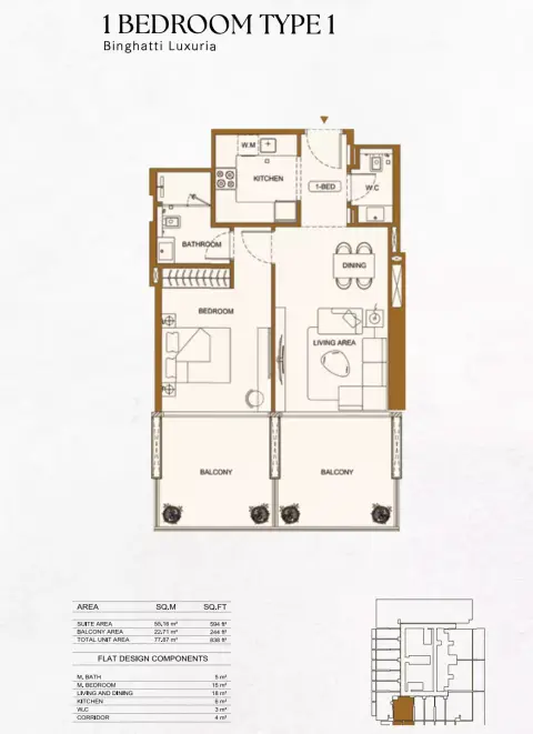 Binghatti Luxuria: Floor plan Type 1, 838 sq ft