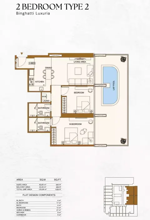 Binghatti Luxuria: Floor plan Type 2, 1,356 sq ft