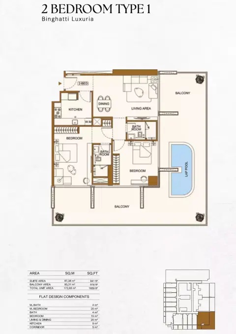 Binghatti Luxuria: Floor plan Type 1, 1,859 sq ft