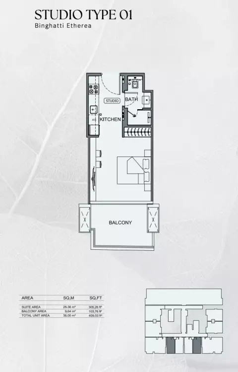 Binghatti Etherea: Floor plan Type 01, 409 sq ft