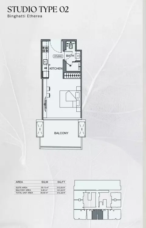 Binghatti Etherea: Floor plan Type 02, 415 sq ft