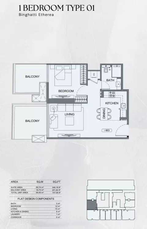 Binghatti Etherea: Floor plan Type 1, 747 sq ft