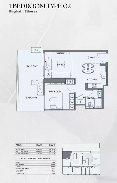 Binghatti Etherea: Floor plan Type 02, 774 sq ft