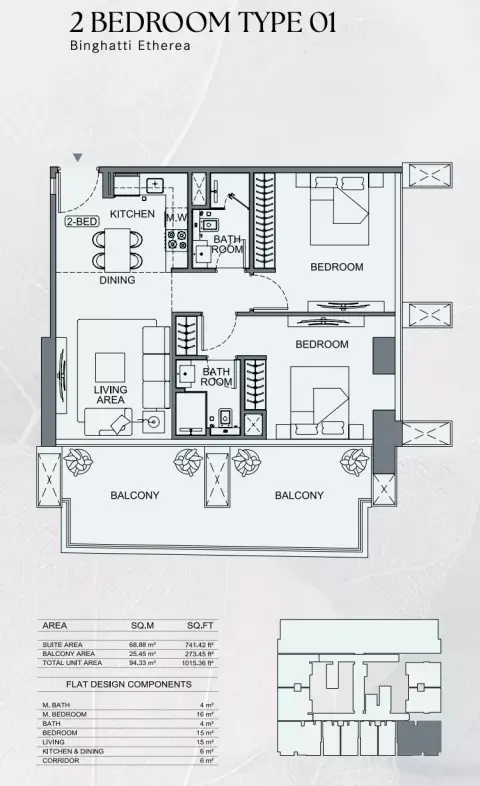 Binghatti Etherea: Floor plan Type 01, 1,015 sq ft