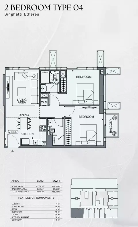 Binghatti Etherea: Floor plan Type 04, 755 sq ft
