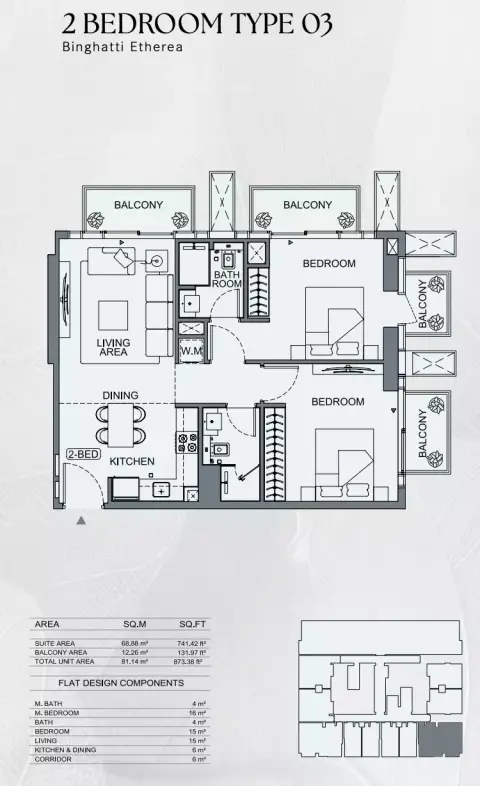 Binghatti Etherea: Floor plan Type 03, 873 sq ft