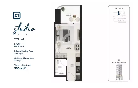 SquareX One: Floor plan Type - A3, 380 sq ft